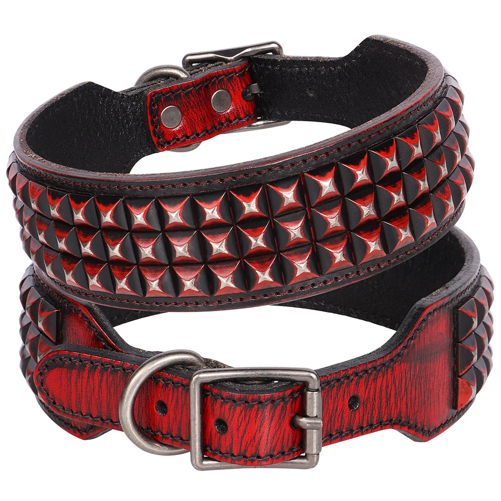2" Luxury Genuine Leather Dog Collar Durable Metal Rivets.