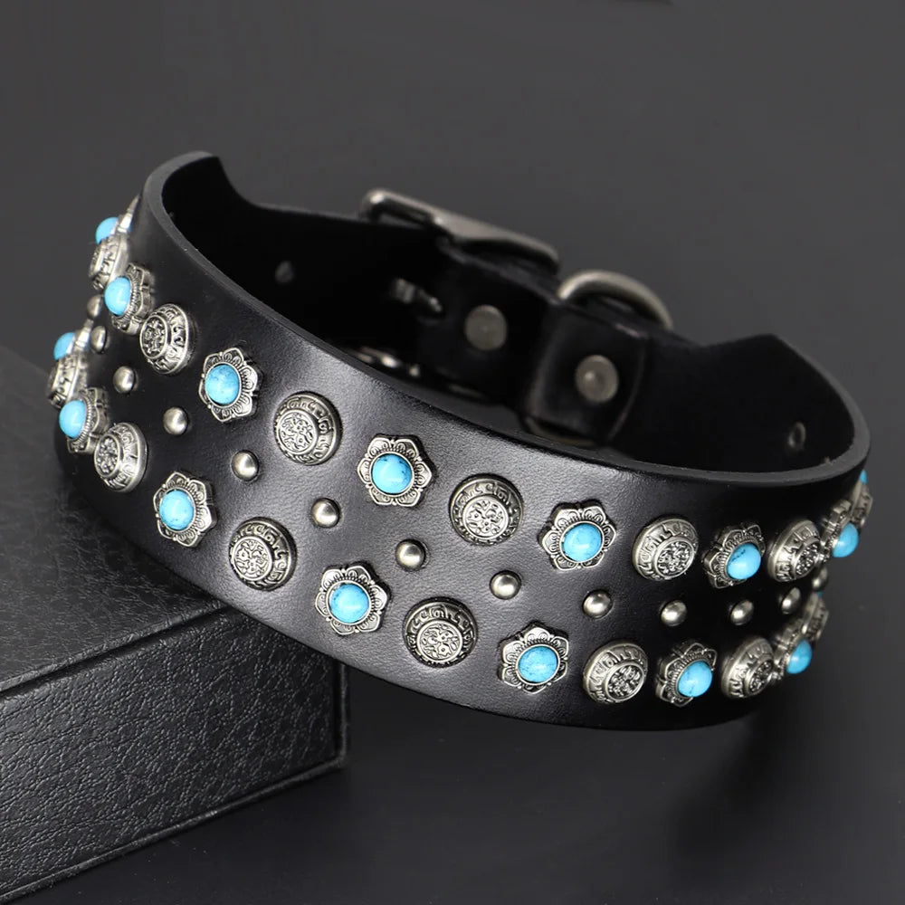 2" Luxury Genuine Leather Dog Collar Durable Metal Rivets.