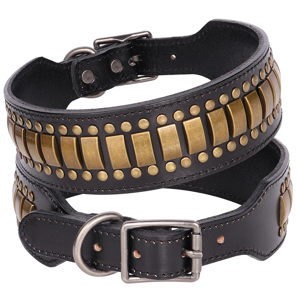 2" Luxury Genuine Leather Dog Collar Durable Metal Rivets.