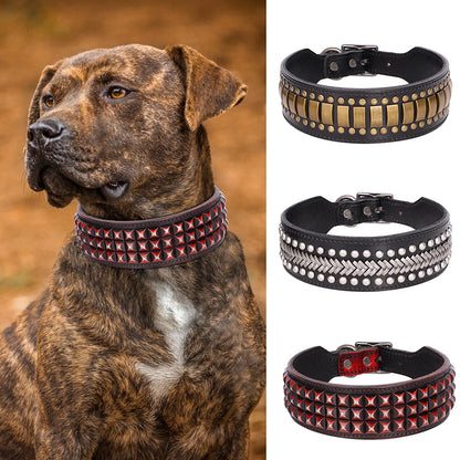 2" Luxury Genuine Leather Dog Collar Durable Metal Rivets.