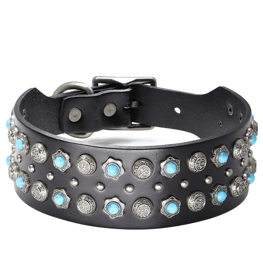 2" Luxury Genuine Leather Dog Collar Durable Metal Rivets.
